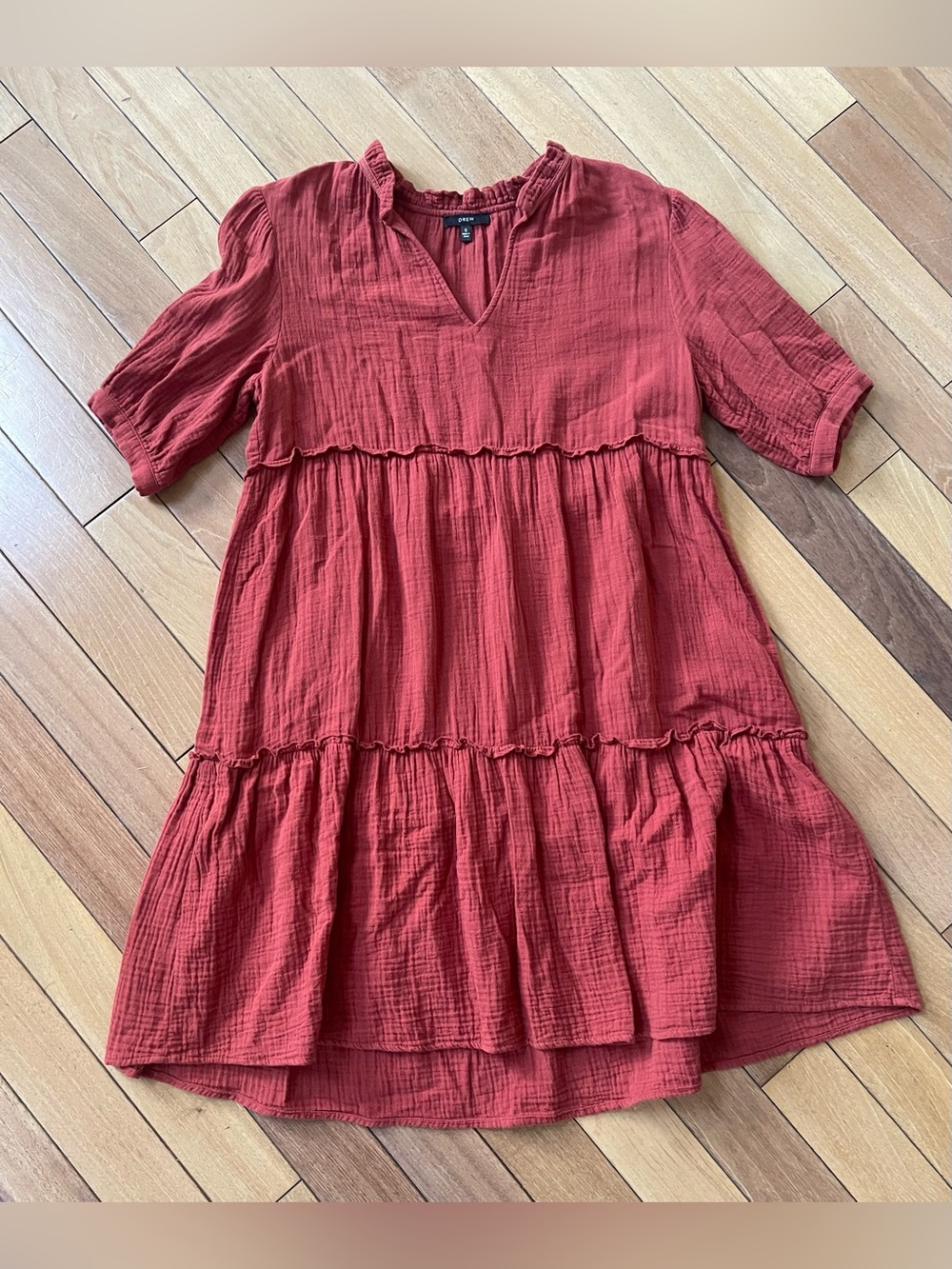 DREW Cotton Gauze Tiered Dress Small Rust Red Ruffle Neck Boho Cottagecore - Picture 2 of 8